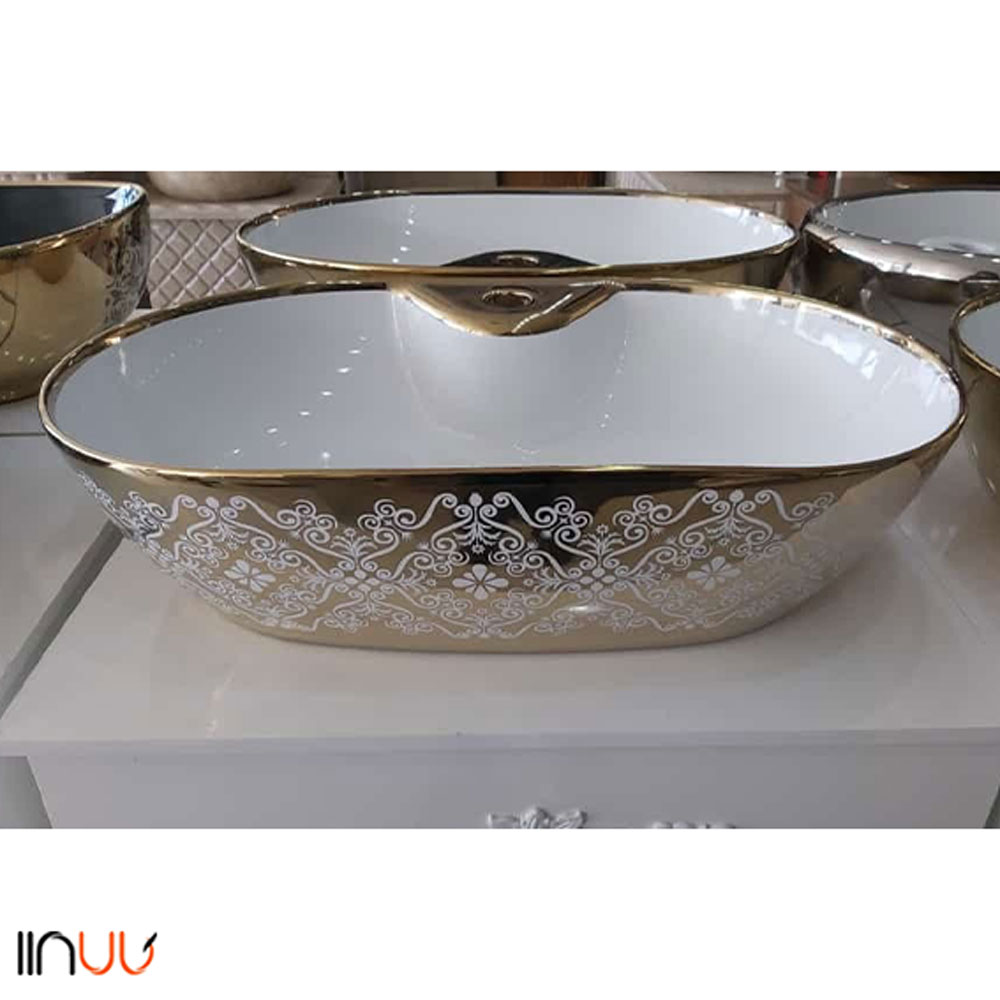 تصویر  کاسه روشویی روکابینتی سفید طلایی