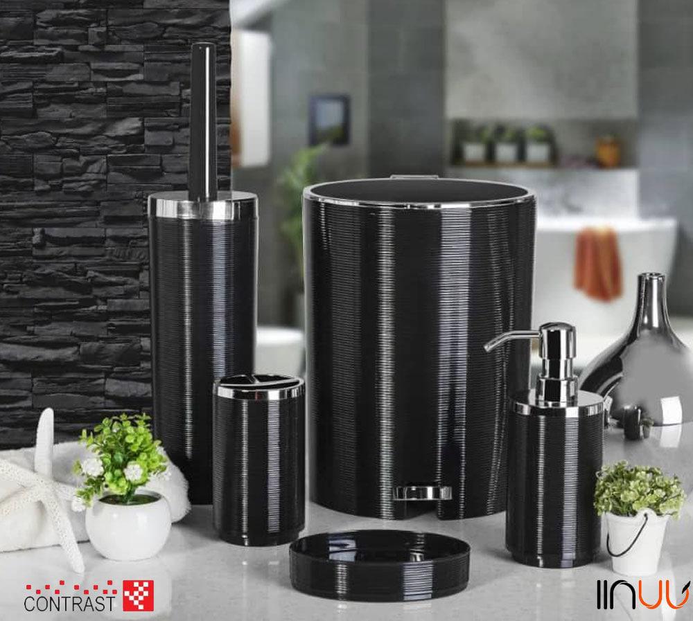 تصویر  اکسسوری حمام و دستشویی 5 پارچه کنتراست کد 2900 خط ریز مشکی کروم